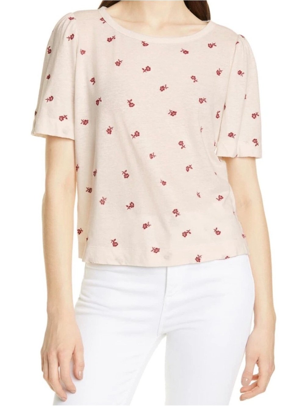 🆕 LA VIE Rebecca Taylor Cream Red Embroidered Floral Linen Blend Top M
